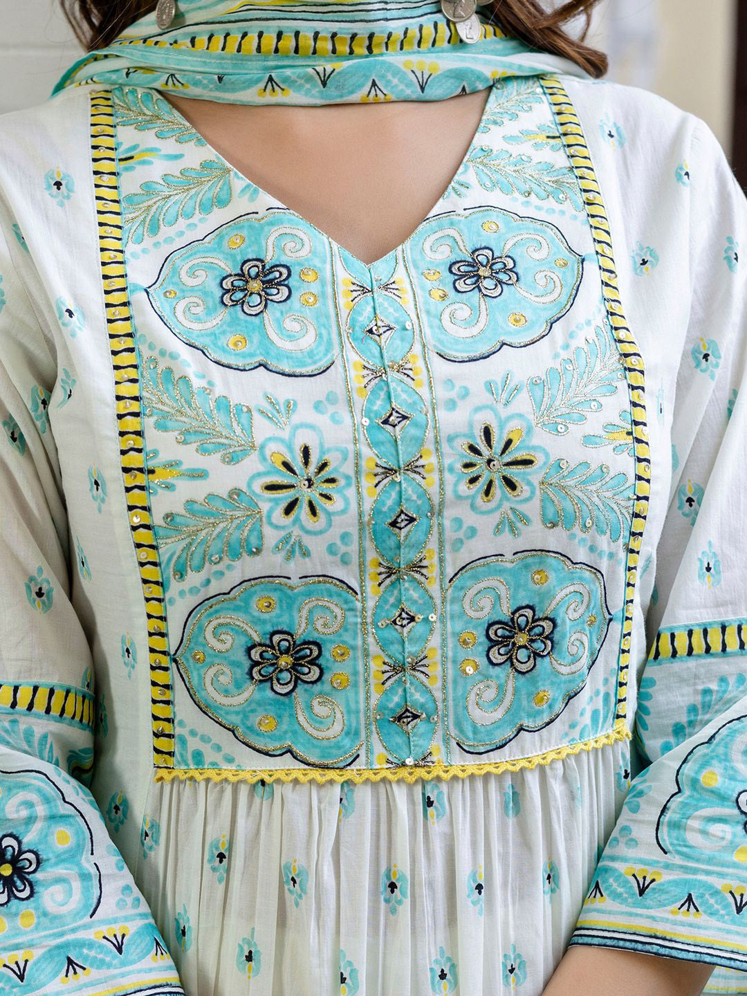 Floral Printed V-Neck Pleated Pure Cotton A-Line Kurta With Trouser And Dupatta
