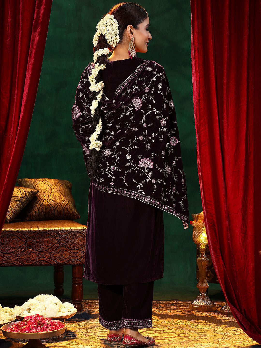 Floral Yoke Design Sequinned Velvet Straight Kurta with Trousers & With Dupatta