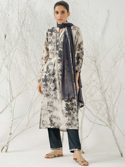 Dhiyona IS Women's Floral Printed Linen Straight Kurta with Trousers & Dupatta