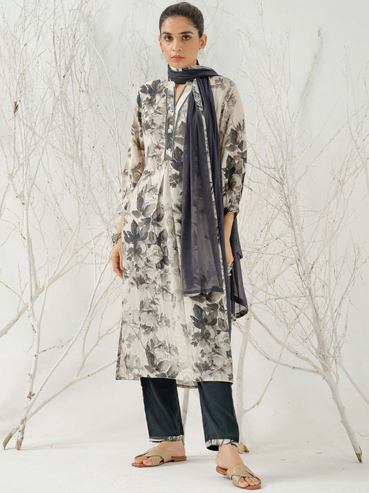 Dhiyona IS Women's Floral Printed Linen Straight Kurta with Trousers & Dupatta