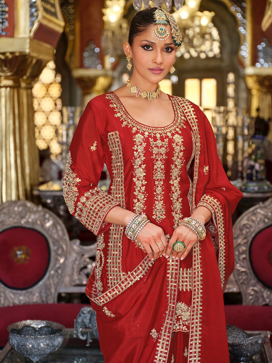 Dhiyona IE Ethnic Motifs Embroidered Kurta with Palazzos & Dupatta
