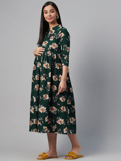 Dhiyona AY Women's Green & Beige Floral Print Cotton Maternity A-Line Dress