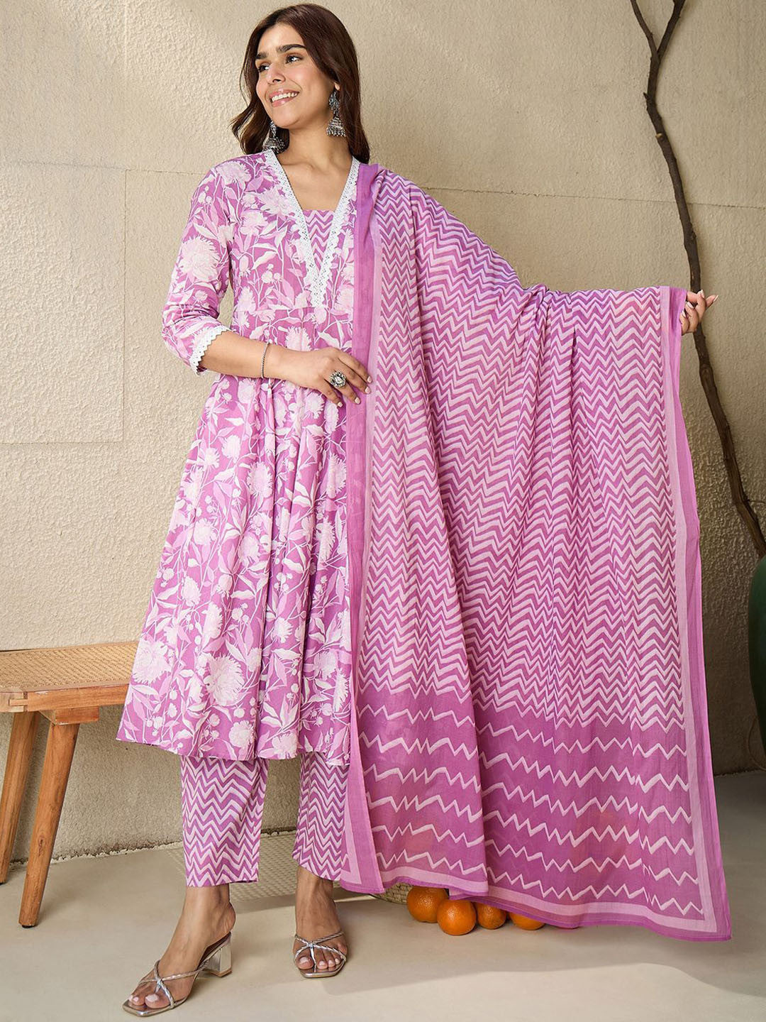 Floral Printed V Neck Pure Cotton Panelled A-Line Kurta with Trousers & Dupatta