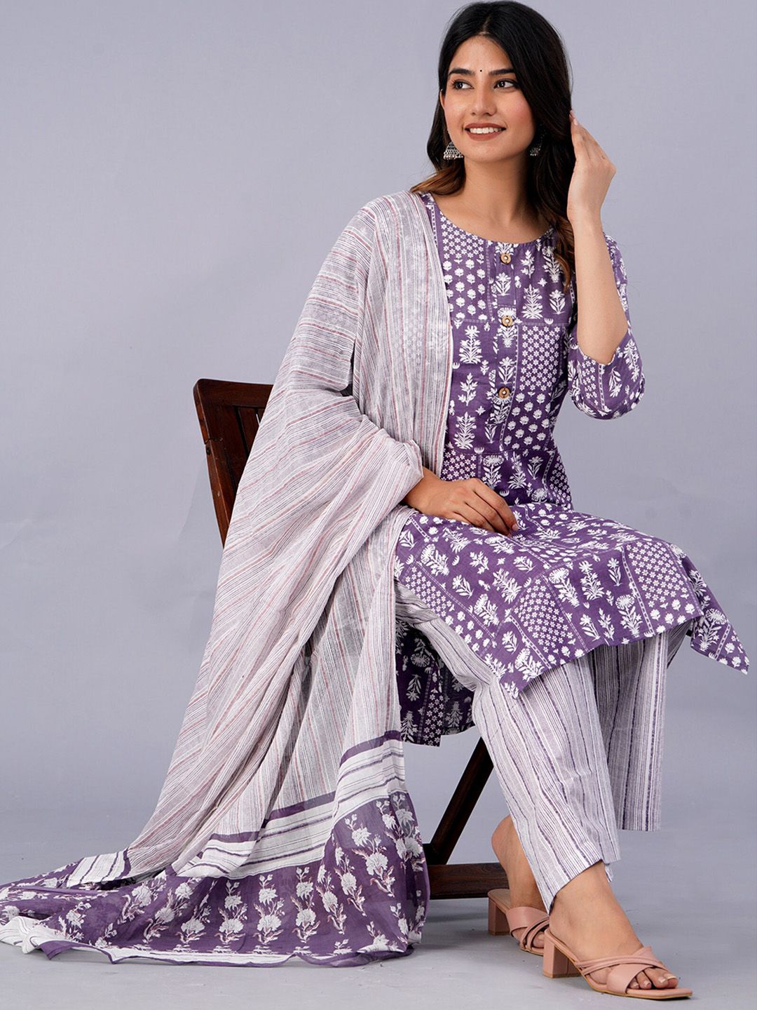 Dhiyona KL Ethnic Motifs Printed Pure Cotton Kurta With Palazzo & With Dupatta