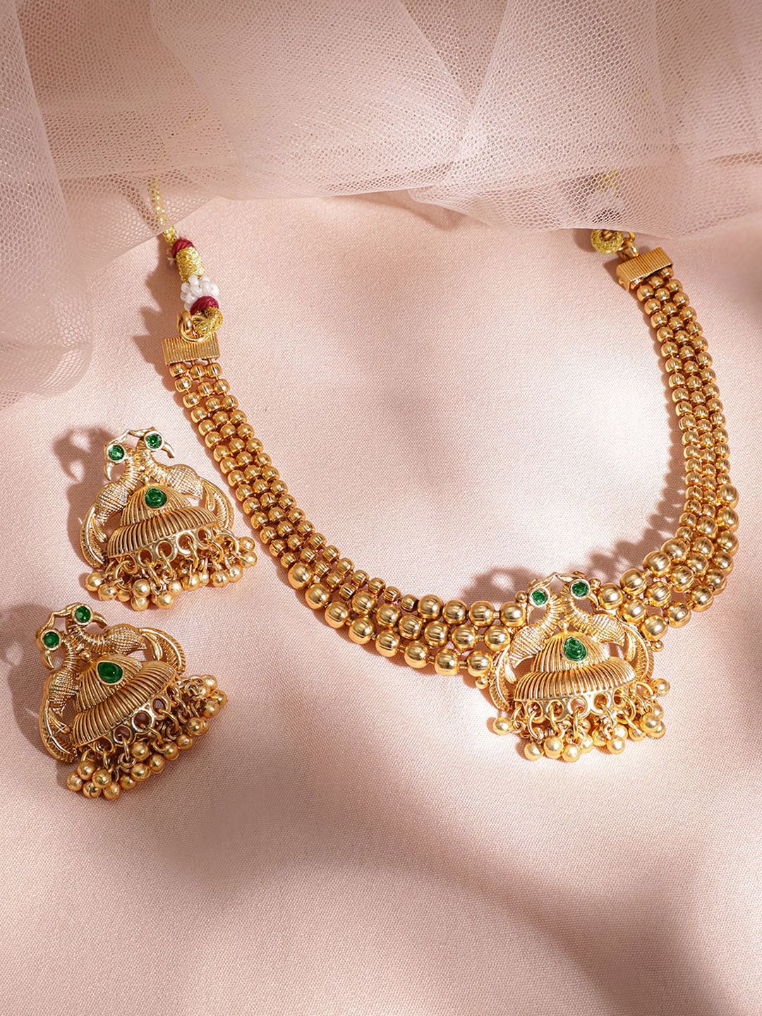 Dhiyona RJ Women's 22K Gold-Plated Green Stone & Gold Beaded Peacock Design Traditional Necklace Set
