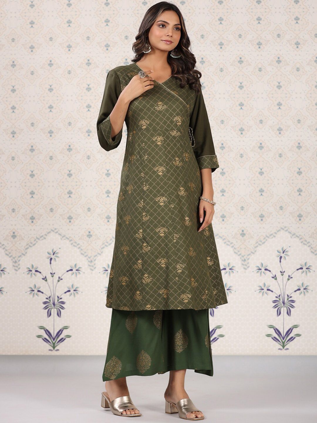 Dhiyona OD  Olive Green & Gold Printed V Neck Angrakha Kurta With Palazzos