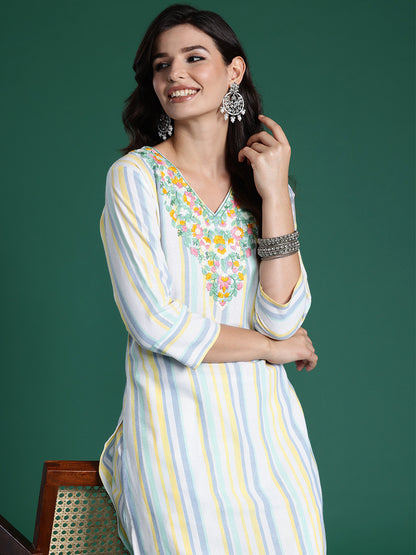Striped Thread Work Pure Cotton Kurta with Trousers