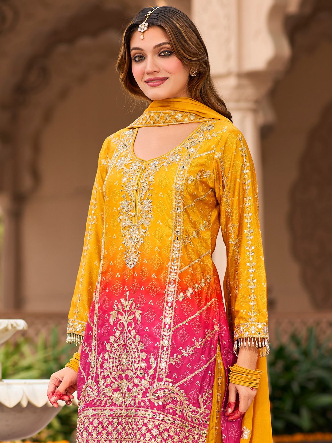 Dhiyona IE Floral Embroidered Zari Straight Kurta With Palazzos And Dupatta