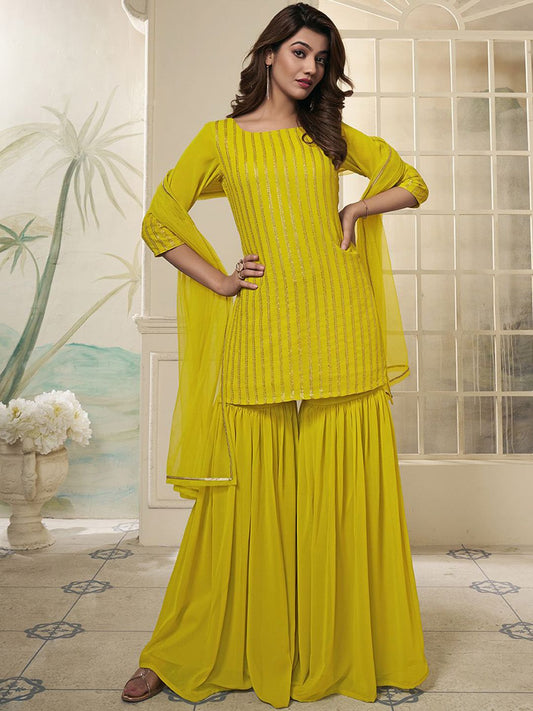 Dhiyona IN Striped Embroidered Straight Short Kurti With Sharara & Dupatta