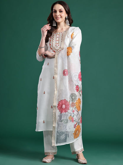 Dhiyona IE Floral Embroidered Thread Work Kurta With Trousers & Dupatta
