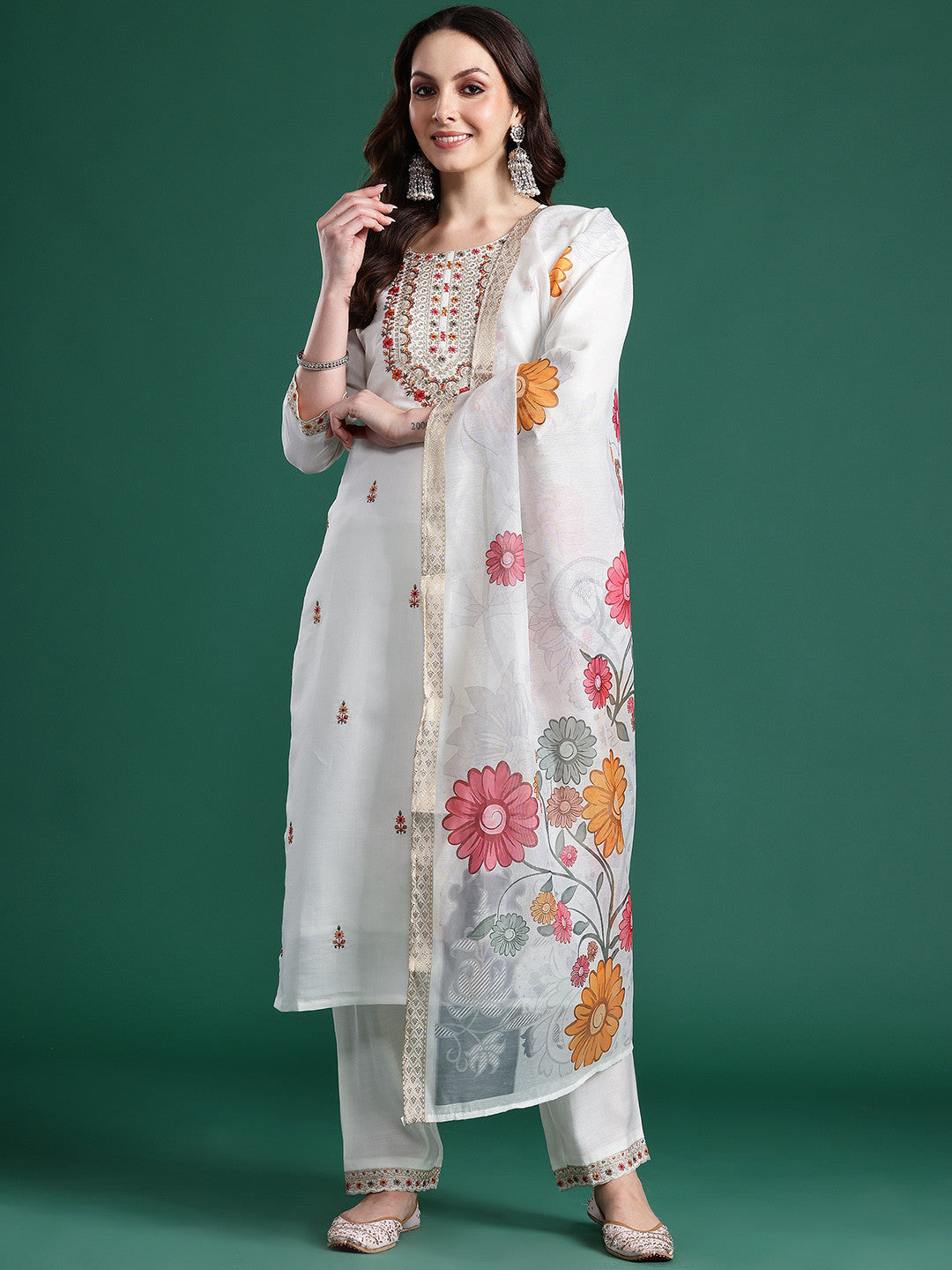 Floral Embroidered Thread Work Kurta With Trousers & Dupatta