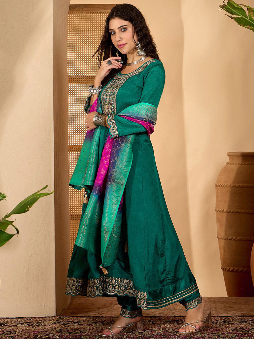 Zari Sequence Embroidered A-Line Kurta Trousers With Dupatta