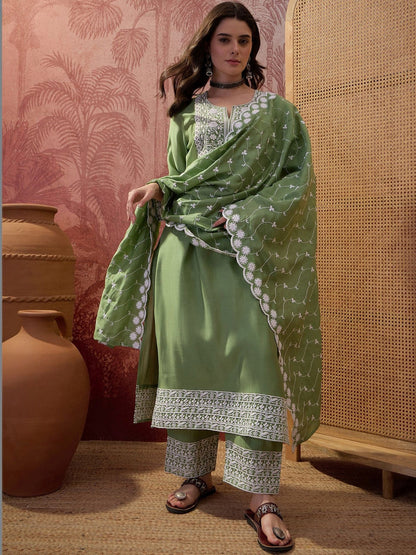 Embroidered Round-Neck Kurta Trousers & Dupatta