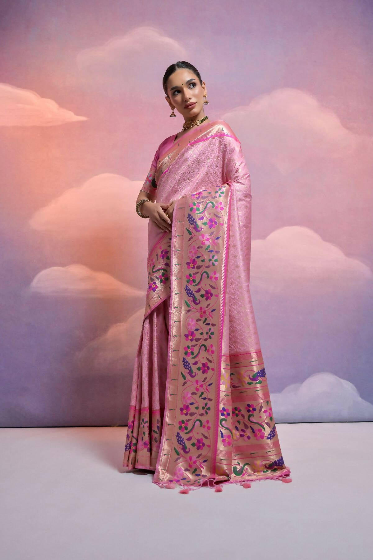 Women Paithani Vani Baby Pink Saree With Unstiched Blouse