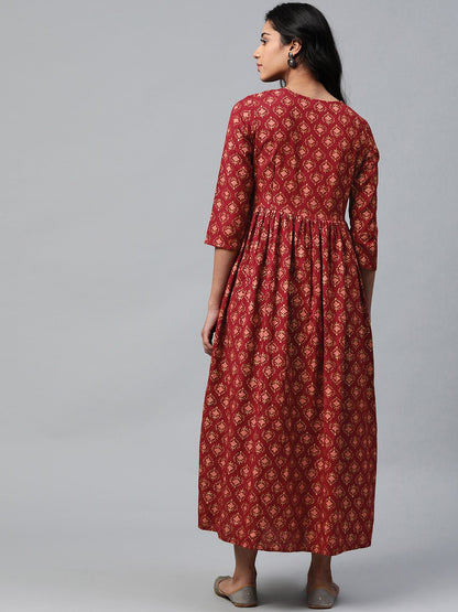 Dhiyona AY Women's Maroon & Golden Block Print Cotton Layered Maxi Nursing Dress