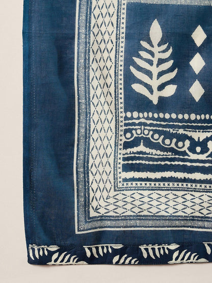 Dhiyona IE Blue Ethnic Motifs Printed Straight Round Neck Thread Work Pure Cotton Kurta Set