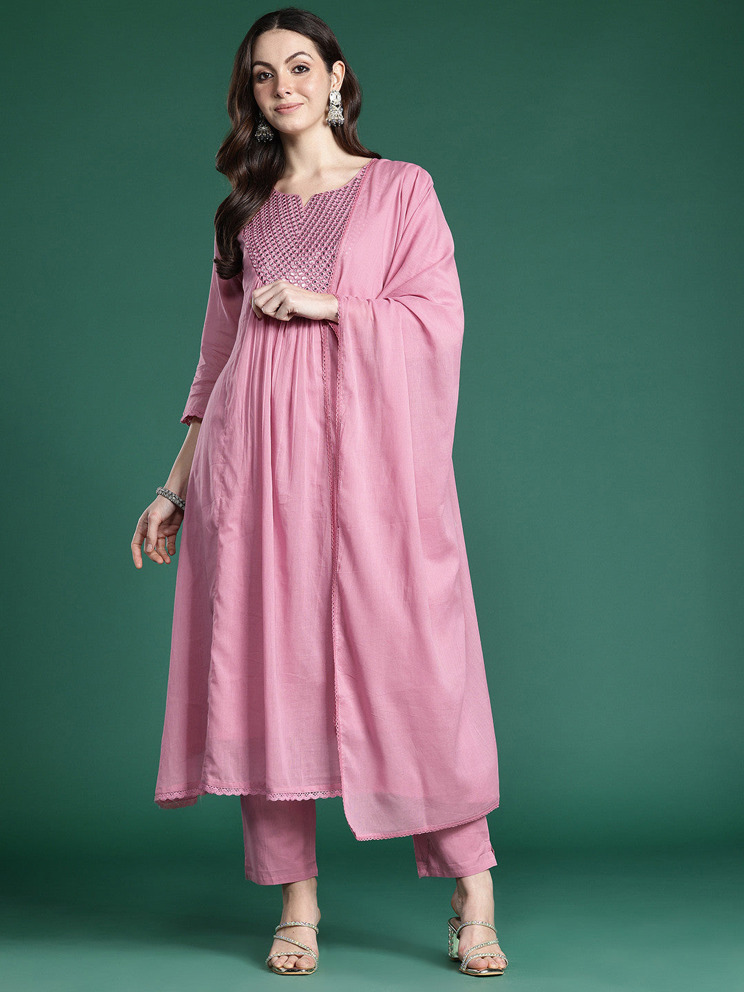Embroidered Pure Cotton Kurta with Trousers & Dupatta