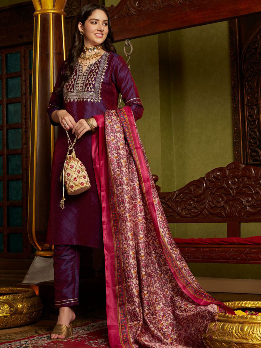 Dhiyona SN Embroidered Kurta With Self-Design Trouser & Dupatta
