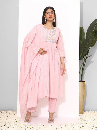 Dhiyona IS Women's Ethnic Motifs Yoke Design Mirror Work Pure Cotton Kurta with Trousers & Dupatta