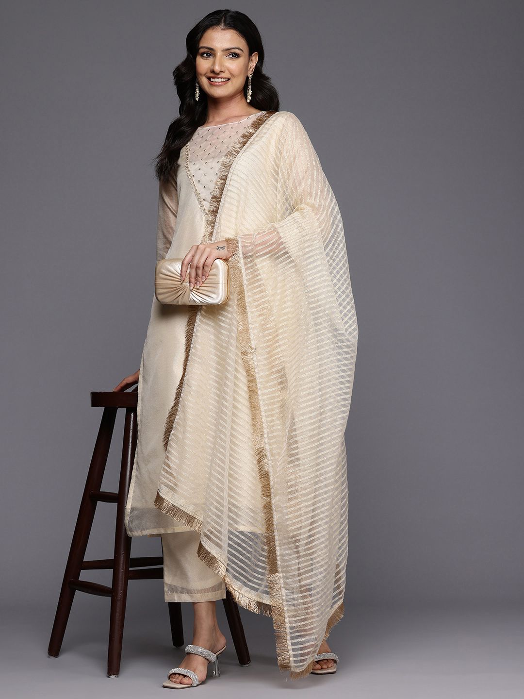 Off White Ethnic Motifs Yoke Design Sequinned Kurta With Trousers & Dupatta