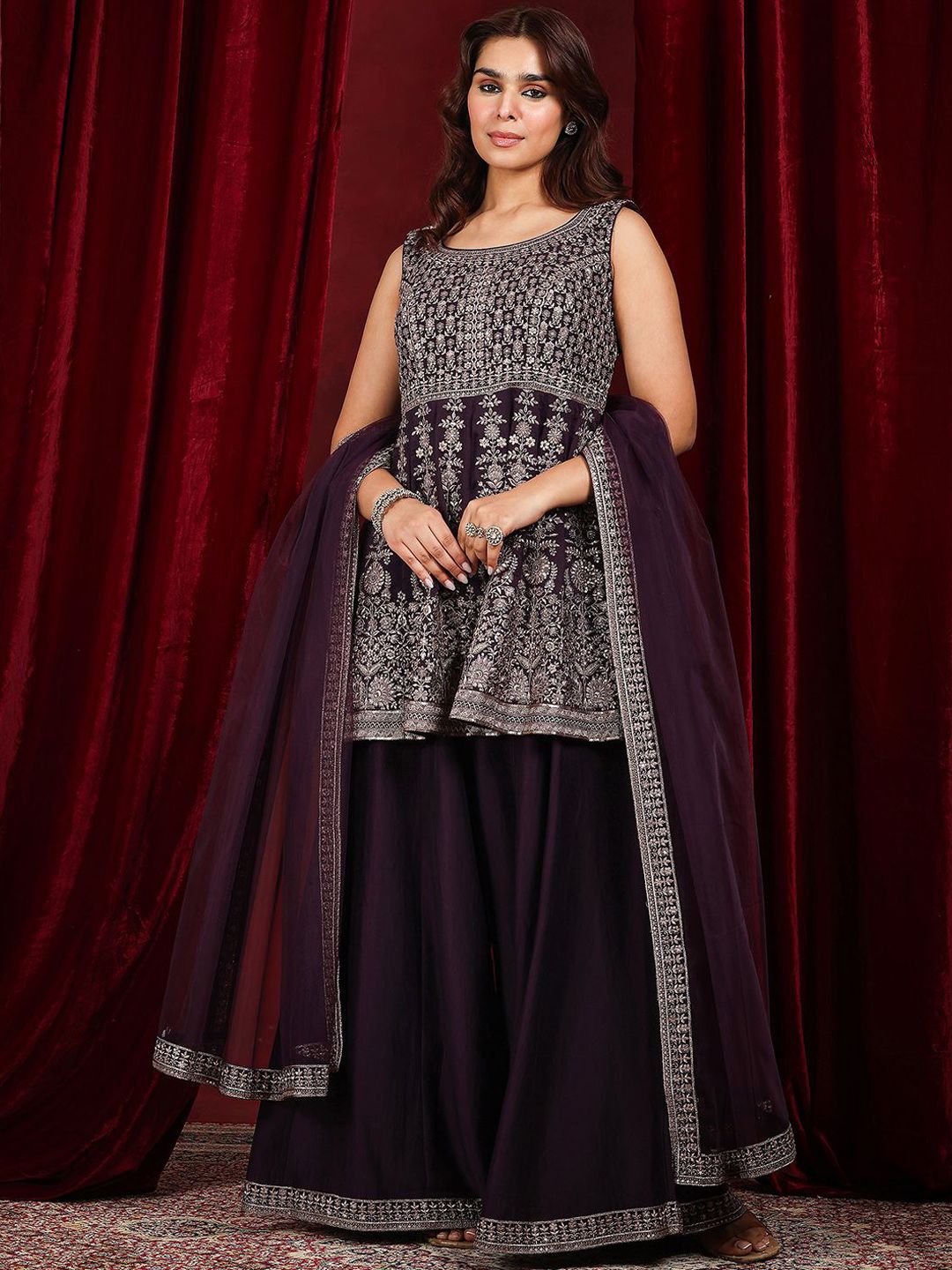 Dhiyona LL Sequinnce Embellished Scoop Neck Straight Kurta with Palazzo & Dupatta