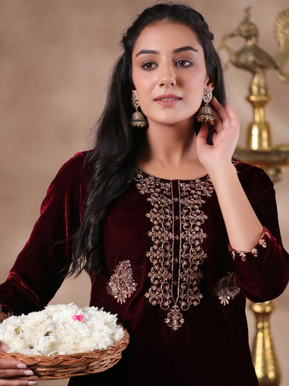 Dhiyona IS Women's Maroon Ethnic Motifs Embroidered Thread Work Velvet Straight Kurta With Trouser