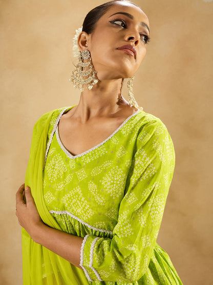 Indo EraBandhani Printed Empire V-Neck Pure Cotton Kurta with Trousers & Dupatta