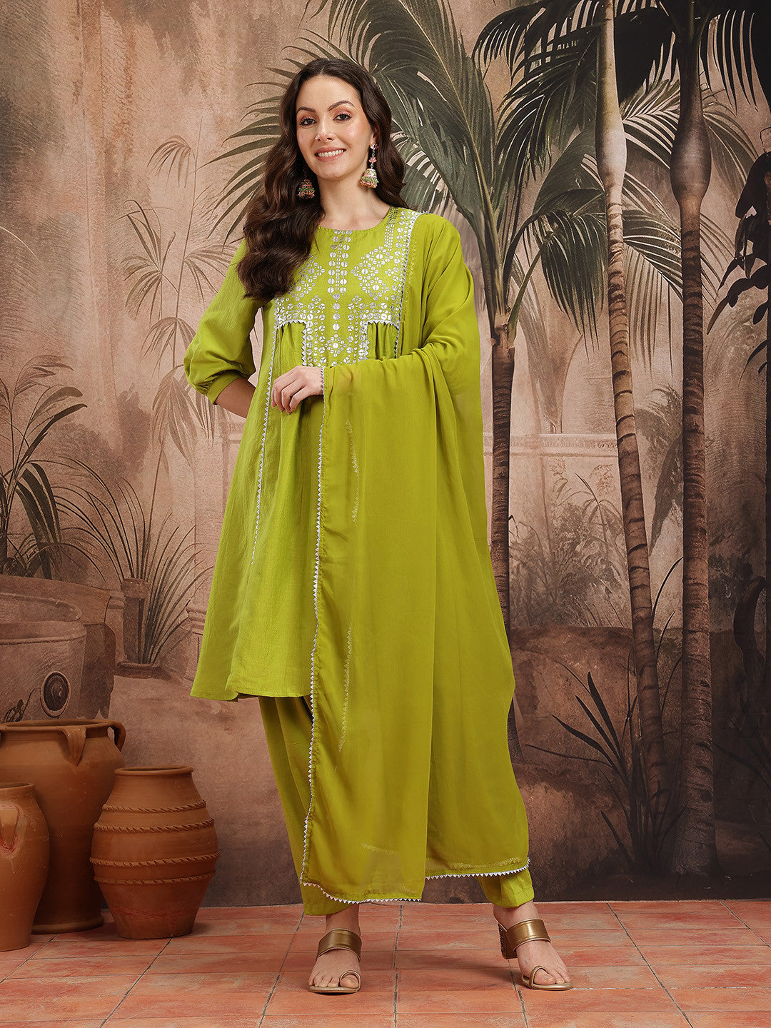 Geometric Printed Gotta Patti Panelled Kurta with Salwar & With Dupatta