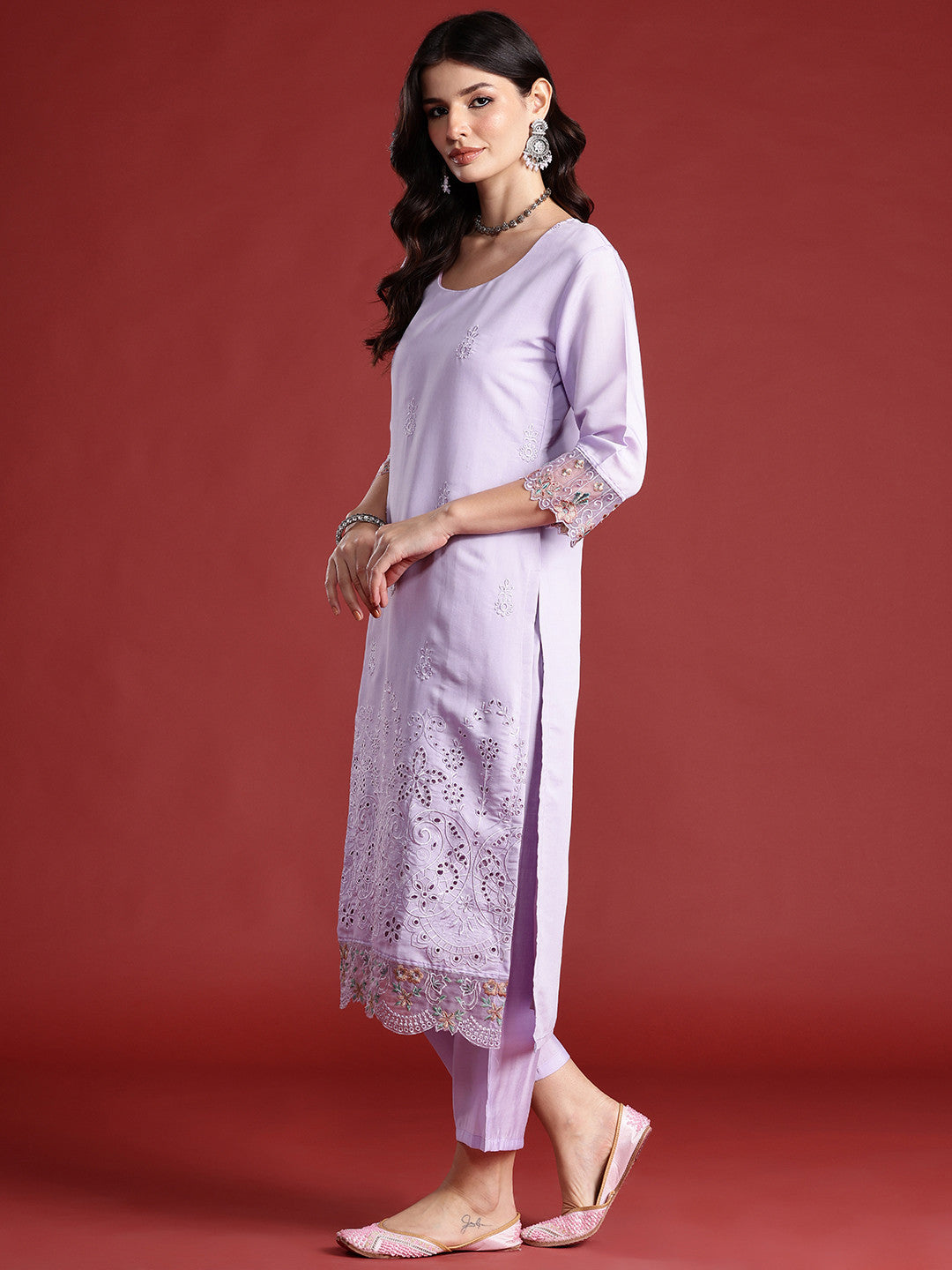 Floral Embroidered Thread Work Kurta with Trousers & Dupatta