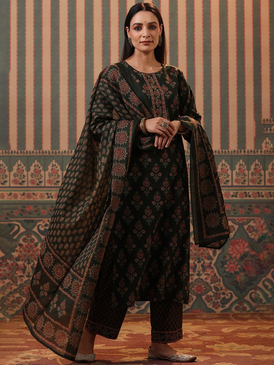 Dhiyona RR Women's Floral Printed Pure Cotton Kurta with Palazzos & Dupatta