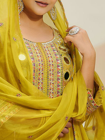Embroidered Round Neck Kurta & Palazzos With Dupatta
