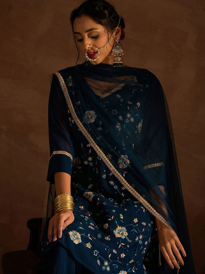 Dhiyona IE Floral Embroidered Regular Sequinned Straight Kurta with Sharara & Dupatta
