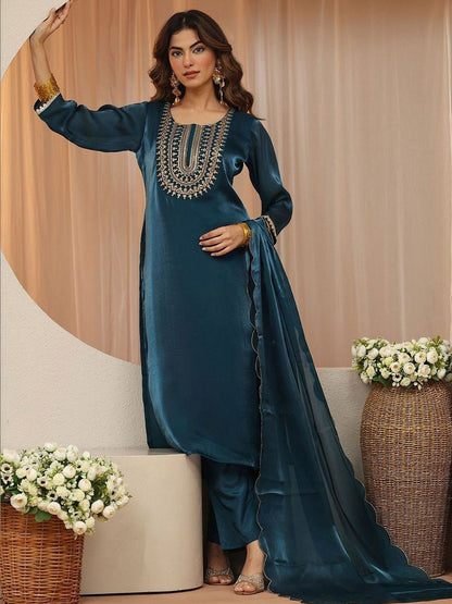 Libas Navy Blue Yoke Design Tissue Straight Suit Set
