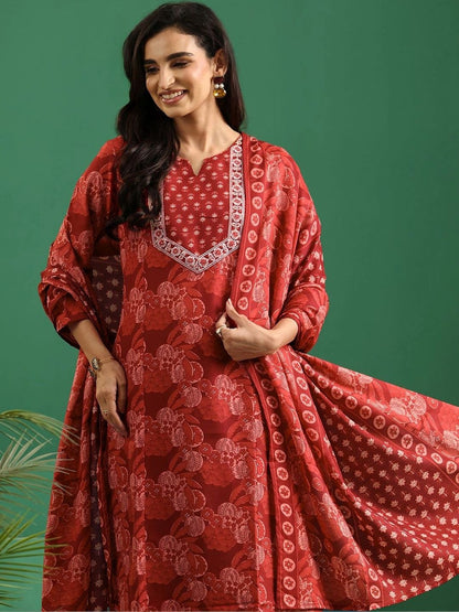 Women Ethnic Motifs Printed Regular Thread Work Kurta with Trousers & With Dupatta