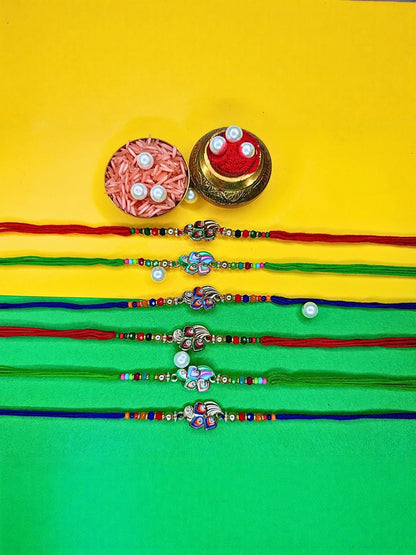 Dhiyona Set Of 6 Beaded Cotton Thread with AD Stones & Meenakari Designer Rakhi for Brother