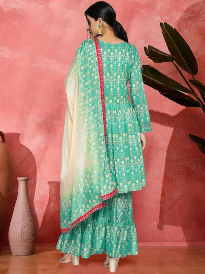 Dhiyona SN Ethnic Motifs Printed Mirror Work Pure Muslin A-Line Kurta With Sharara & Dupatta