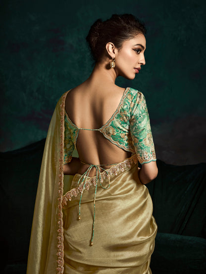 Dhiyona KM Women Designer Golden Fancy Saree With Thread Embroidery