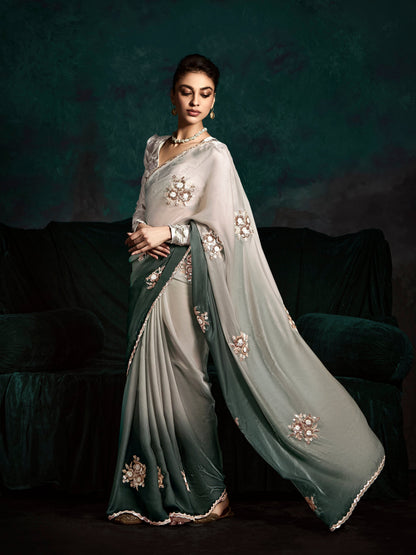 Dhiyona KM Women Elegant Double Shade Green & White Organza Saree With White Printed Silk Blouse