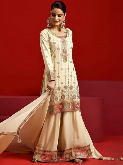 Dhiyona LL Ethnic Motifs Zari Embroidered Georgette Straight Kurta With Palazzos & Dupatta