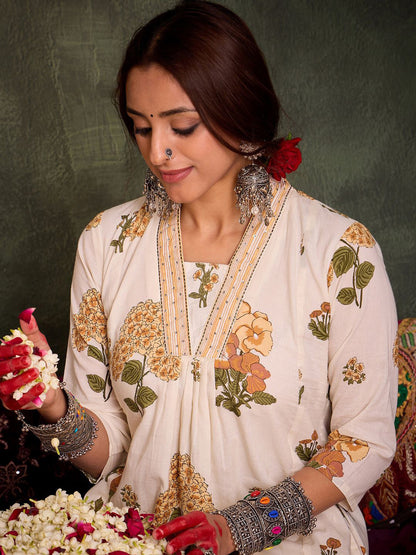 Floral Printed Pure Cotton V-Neck A-Line Kurta With Palazzos