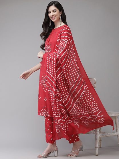 Dhiyona IS Women's Women Red Bandhani Printed Regular Kurta with Trousers & With Dupatta