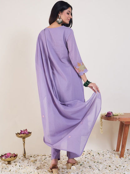 Floral Embroidered Thread Work Pure Cotton Straight Kurta With Trousers & Dupatta