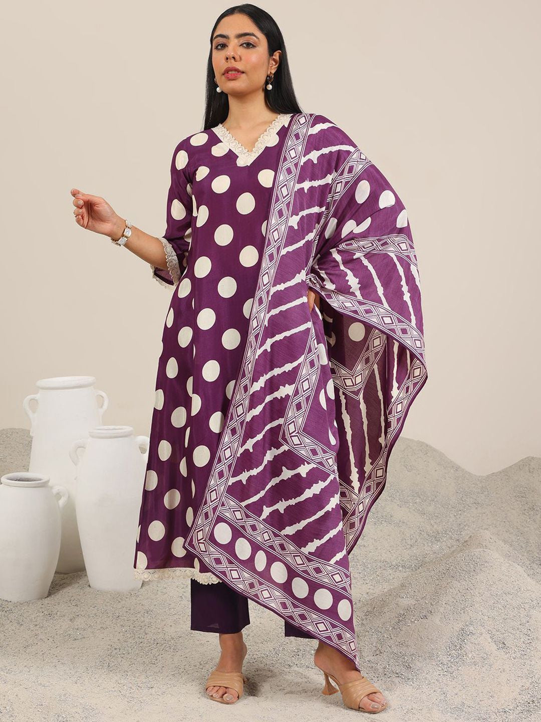 Polka Dot Printed V-Neck Straight Kurta With Trouser & Dupatta