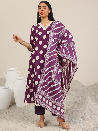 Polka Dot Printed V-Neck Straight Kurta With Trouser & Dupatta