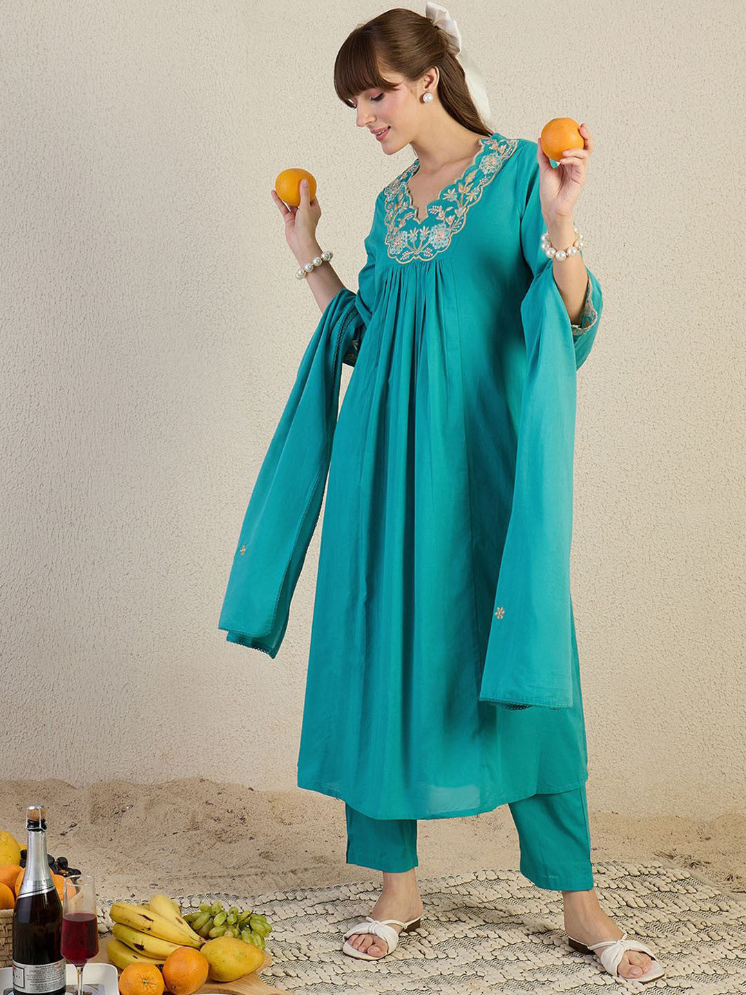 Women Embroidered Beads & Stones Pure Cotton Kurta with Trousers & Dupatta