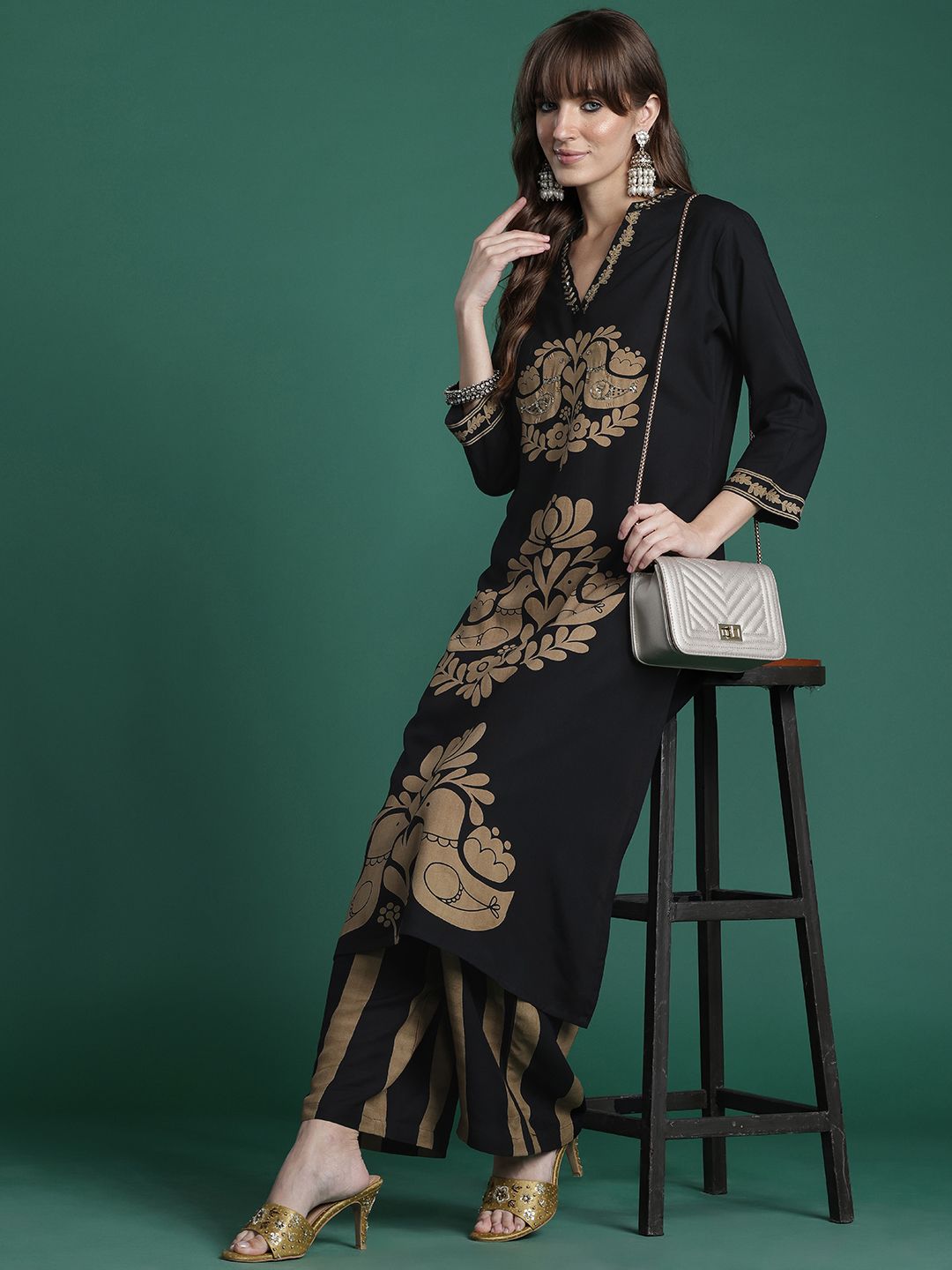 Dhiyona IE Ethnic Motifs Printed Thread Work Kurta with Palazzos