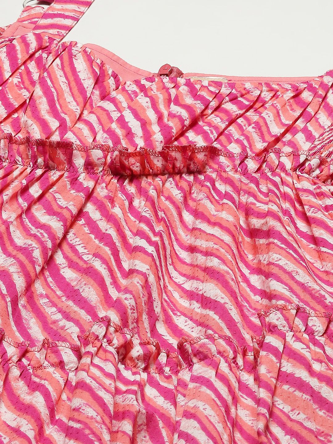 Dhiyona AY Women's Pink & White Leheriya Printed Ruffle Pure Cotton Tiered A-Line Midi Dress