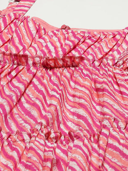 Dhiyona AY Women's Pink & White Leheriya Printed Ruffle Pure Cotton Tiered A-Line Midi Dress