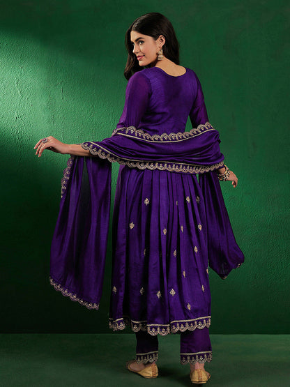 Embroidered Zardosi Zari Sequined Silk Blend A-Line Kurta With Pant & Dupatta