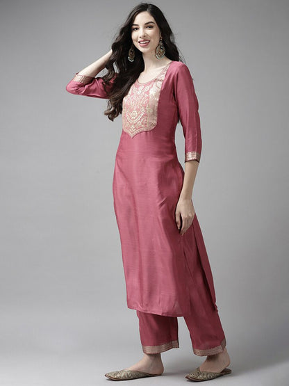 Pink & Off White Ethnic Mottifs Yoke Design Kurta with Palazzos & Dupatta